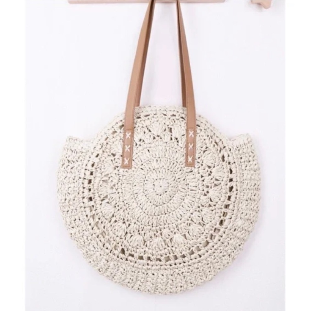 Boho Beige Round Large Straw Tote Summer Bag